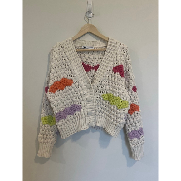 Crochet Knit Cropped Cardigan Zara Off-White Colourblock Slouchy Cardigan - Picture 2 of 8